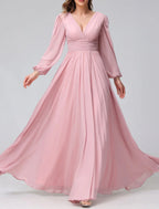 Elegant A Line Bridesmaid Dress V Neck Long Sleeve Pink Chiffon Floor Length For Bridesmaids Split Front Ruched