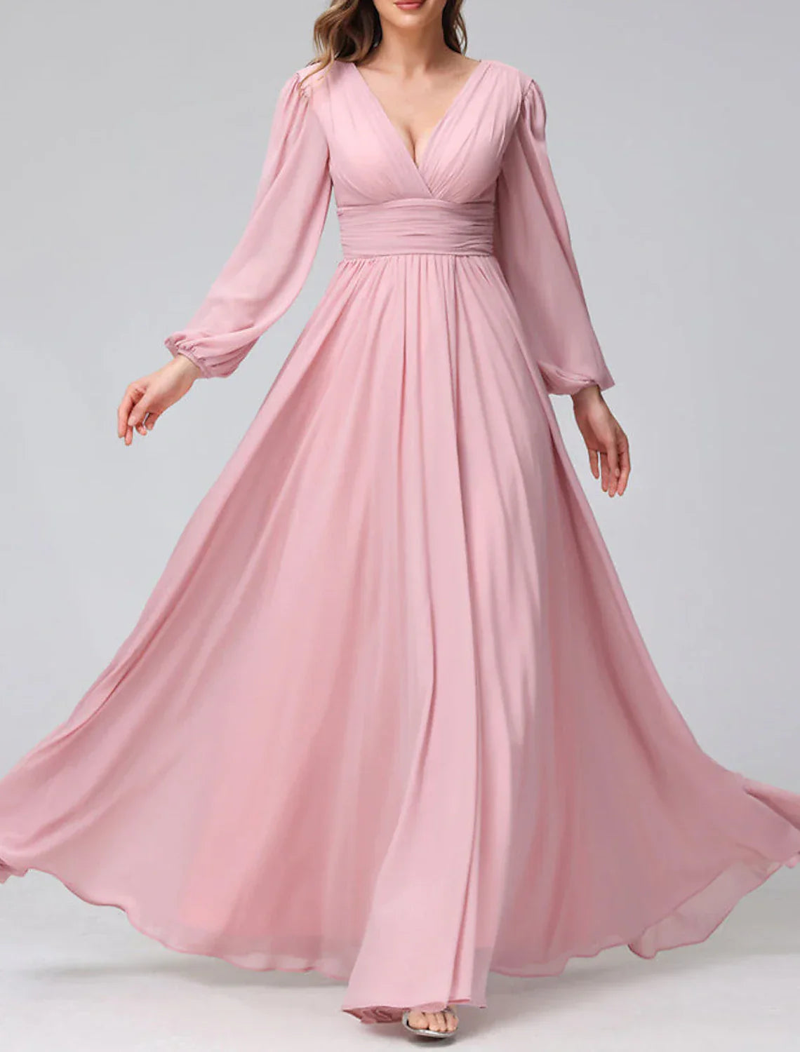 Elegant A Line Bridesmaid Dress V Neck Long Sleeve Pink Chiffon Floor Length For Bridesmaids Split Front Ruched