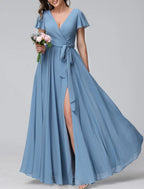 Elegant A Line Bridesmaid Dress V Neck Short Sleeve Blue Floor Length Chiffon With Split Front And Ruched Details