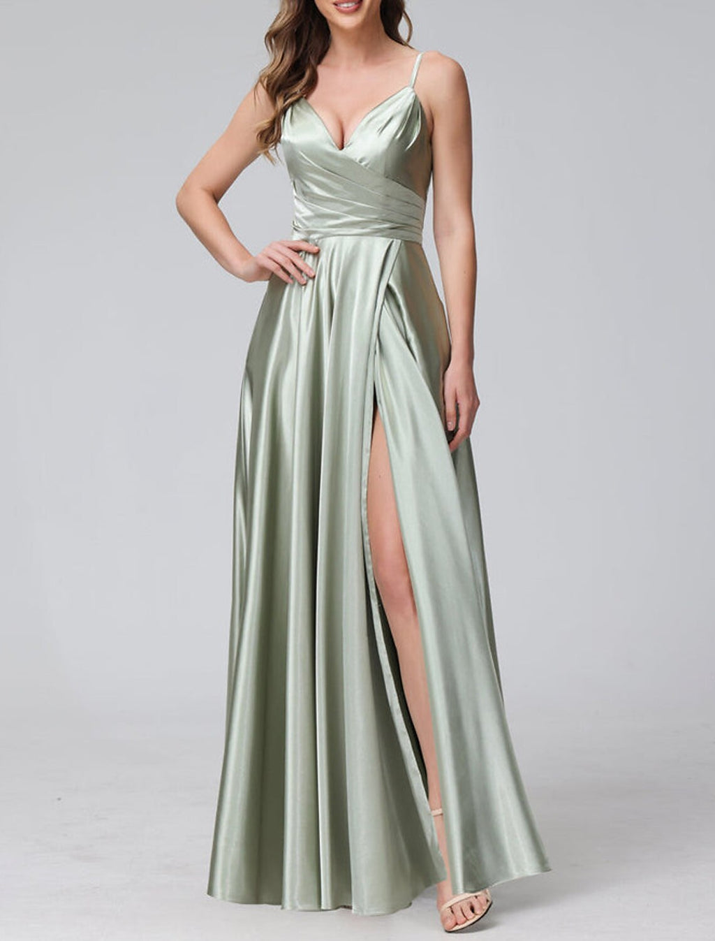 Elegant A Line Bridesmaid Dress Satin Floor Length With Spaghetti Straps Split Front Ruching