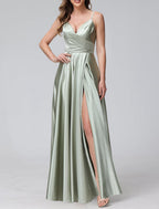 Elegant A Line Bridesmaid Dress Satin Floor Length With Spaghetti Straps Split Front Ruching