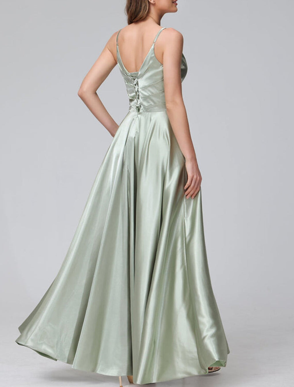 Elegant A Line Bridesmaid Dress Satin Floor Length With Spaghetti Straps Split Front Ruching