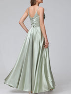 Elegant A Line Bridesmaid Dress Satin Floor Length With Spaghetti Straps Split Front Ruching