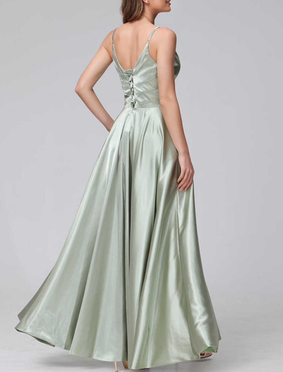 Elegant A Line Bridesmaid Dress Satin Floor Length With Spaghetti Straps Split Front Ruching