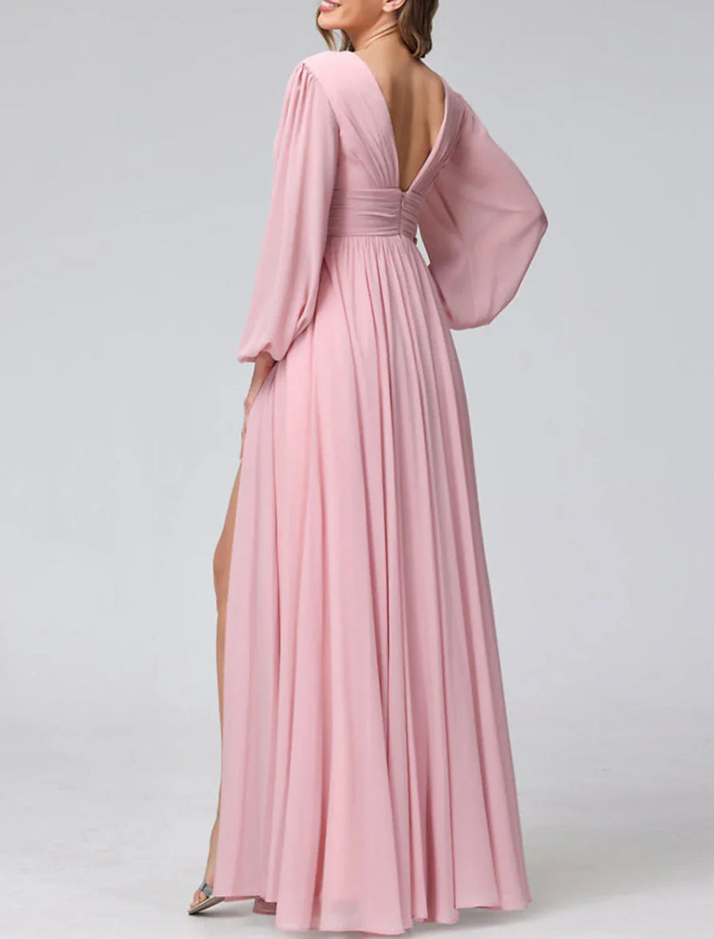 Elegant A Line Bridesmaid Dress V Neck Long Sleeve Pink Chiffon Floor Length For Bridesmaids Split Front Ruched