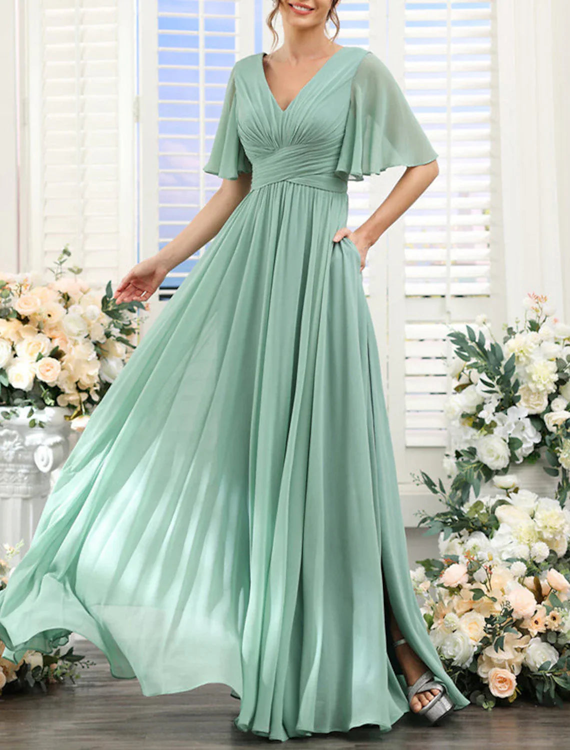 Aline Bridesmaid Dress V Neck Short Sleeve Chiffon Floor Length With Split Front Ruched Details