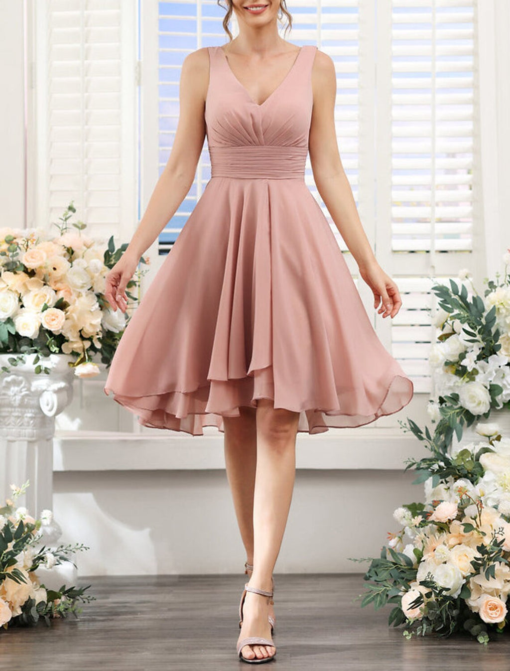 A Line Bridesmaid Dress V Neck Sleeveless Pink Knee Length Chiffon Ruched Details Perfect For Weddings And Bridesmaids