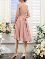 A Line Bridesmaid Dress V Neck Sleeveless Pink Knee Length Chiffon Ruched Details Perfect For Weddings And Bridesmaids