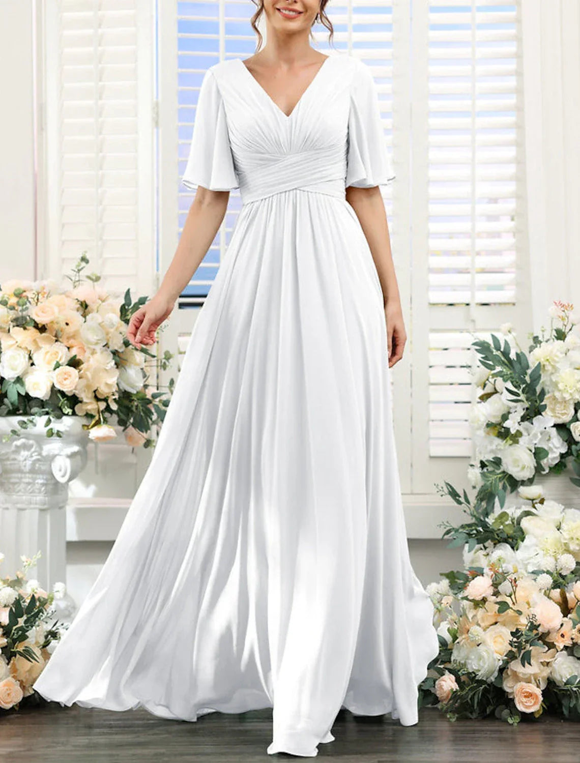 Aline Bridesmaid Dress V Neck Short Sleeve Chiffon Floor Length With Split Front Ruched Details