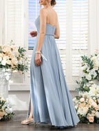 A Line Bridesmaid Dress Spaghetti Strap Elegant Chiffon Blue Floor Length With Split Front And Ruched Bodice