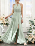 A-Line Halter Bridesmaid Dress in Elegant Chiffon, Floor Length with Split Front and Ruched Bodice for Bridesmaids