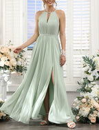 A-Line Halter Bridesmaid Dress in Elegant Chiffon, Floor Length with Split Front and Ruched Bodice for Bridesmaids
