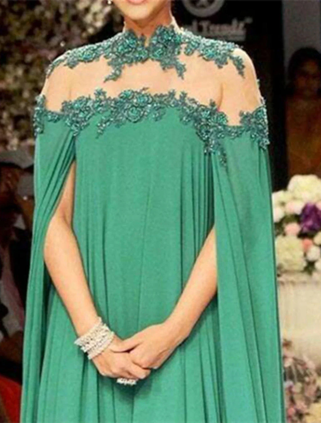 A-Line Chiffon Evening Gown With Appliques, Floor Length Sleeveless High Neck For Christmas Wedding Guests