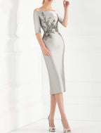 Sheath / Column Cocktail Dresses Minimalist Dress Party Wear Wedding Party Tea Length Half Sleeve Off Shoulder Capes Taffeta with Appliques