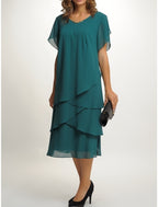 Sheath / Column Mother of the Bride Dress Wedding Guest Party Simple Elegant Scoop Neck Tea Length Chiffon Short Sleeve with Tier
