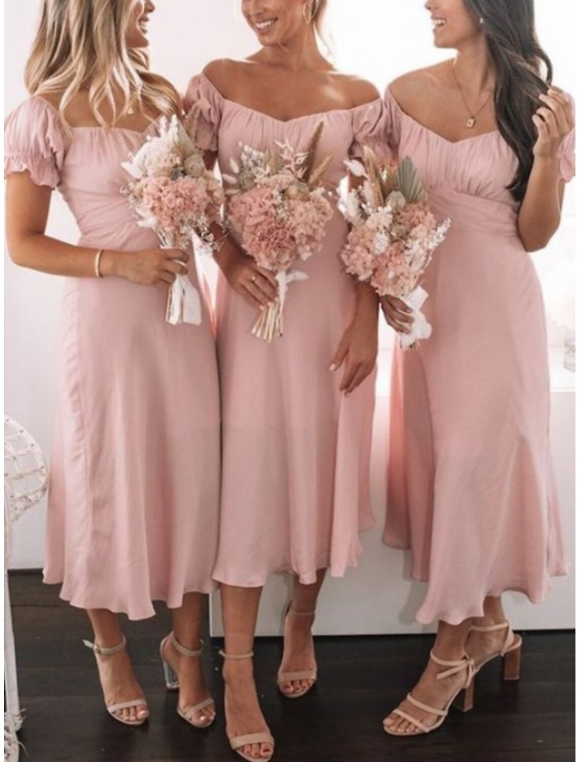 Bridesmaid Dress Sheath V Neck Short Sleeve Pink Tea Length Stretch Chiffon With Ruching For Bridesmaids