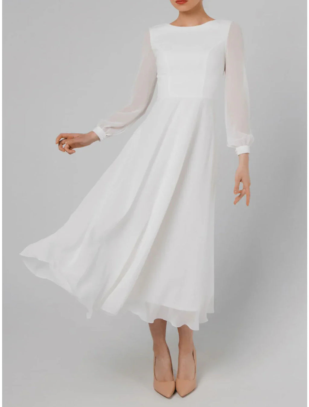 A-Line Cocktail Dresses Little White Dresses Dress Wedding Reception Tea Length Long Sleeve Jewel Neck Fall Wedding Guest Cotton V Back with Ruffles