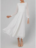A-Line Cocktail Dresses Little White Dresses Dress Wedding Reception Tea Length Long Sleeve Jewel Neck Fall Wedding Guest Cotton V Back with Ruffles