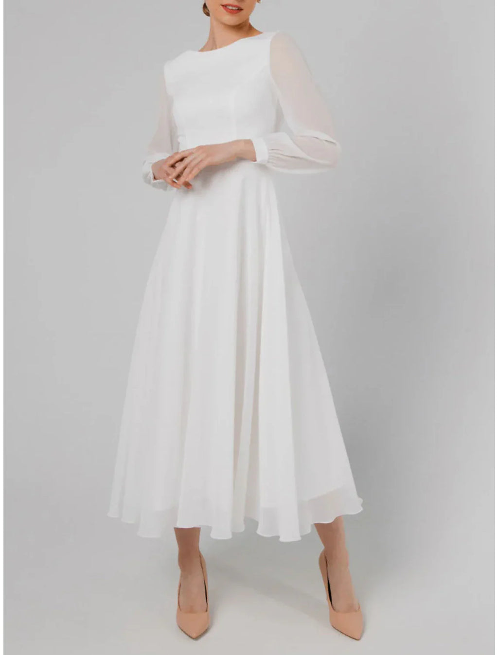 A-Line Cocktail Dresses Little White Dresses Dress Wedding Reception Tea Length Long Sleeve Jewel Neck Fall Wedding Guest Cotton V Back with Ruffles
