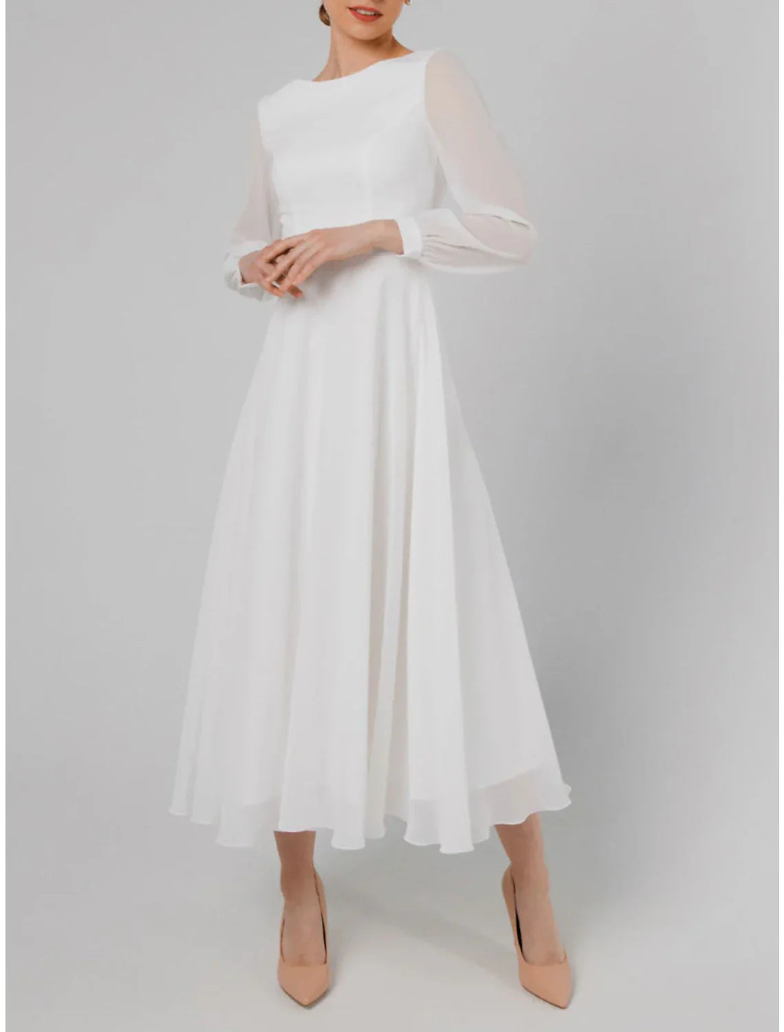 A-Line Cocktail Dresses Little White Dresses Dress Wedding Reception Tea Length Long Sleeve Jewel Neck Fall Wedding Guest Cotton V Back with Ruffles