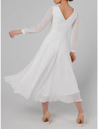 A-Line Cocktail Dresses Little White Dresses Dress Wedding Reception Tea Length Long Sleeve Jewel Neck Fall Wedding Guest Cotton V Back with Ruffles