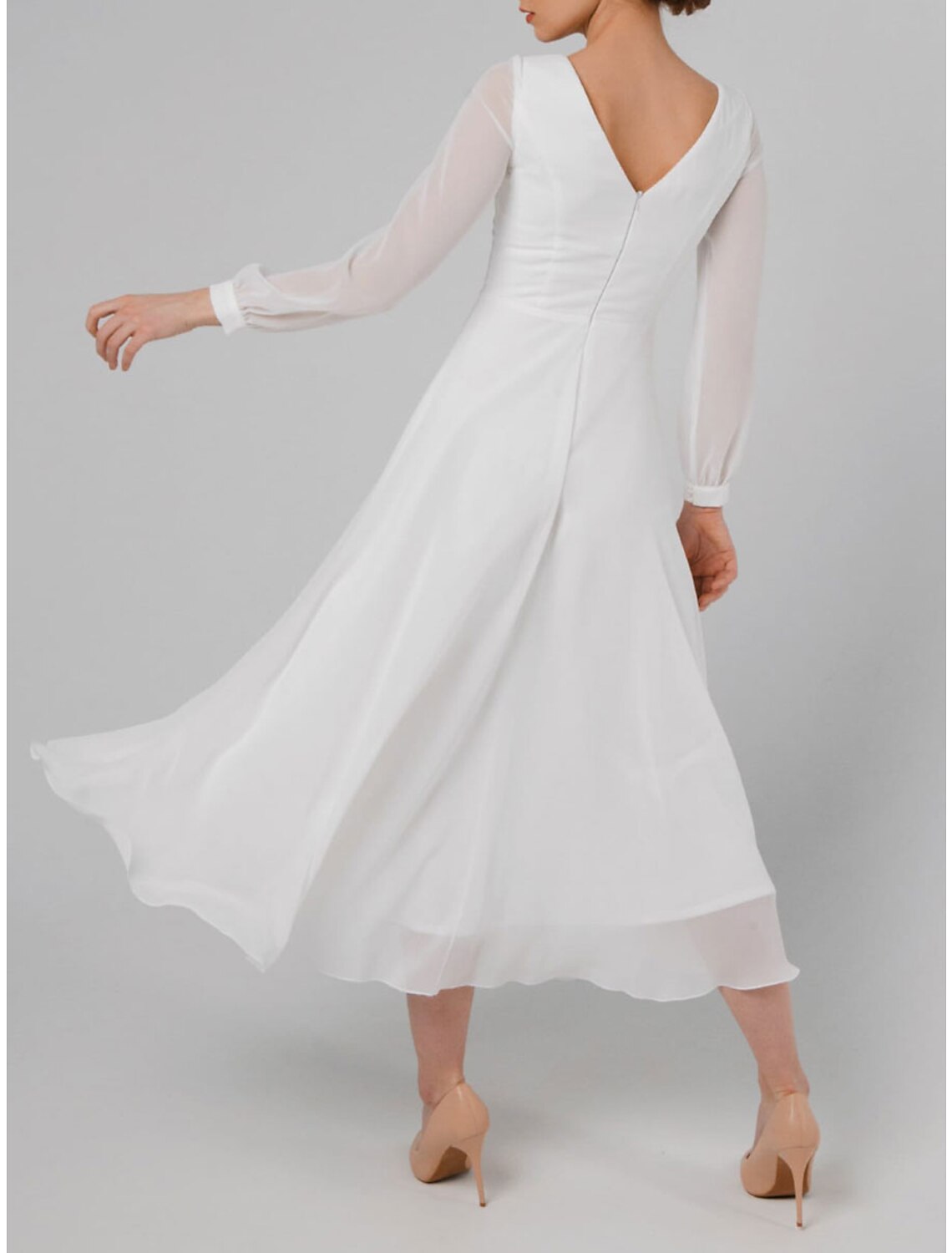 A-Line Cocktail Dresses Little White Dresses Dress Wedding Reception Tea Length Long Sleeve Jewel Neck Fall Wedding Guest Cotton V Back with Ruffles