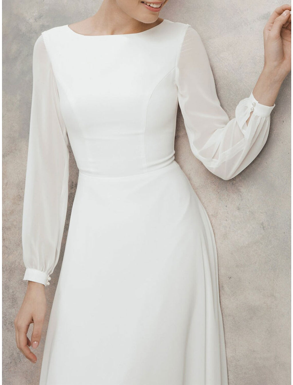 A-Line Cocktail Dresses Little White Dresses Dress Wedding Reception Tea Length Long Sleeve Jewel Neck Fall Wedding Guest Cotton V Back with Ruffles
