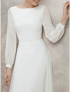 A-Line Cocktail Dresses Little White Dresses Dress Wedding Reception Tea Length Long Sleeve Jewel Neck Fall Wedding Guest Cotton V Back with Ruffles