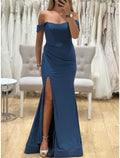 Bridesmaid Dress Sheath Blue Off Shoulder Short Sleeve Floor Length With Split Front And Ruched Stretch Fabric