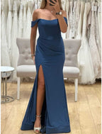 Bridesmaid Dress Sheath Blue Off Shoulder Short Sleeve Floor Length With Split Front And Ruched Stretch Fabric