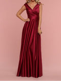 Plus Size A-Line Bridesmaid Dress With Plunging V-Neck Short Sleeves Floor Length Shantung Jersey Pleats Draping