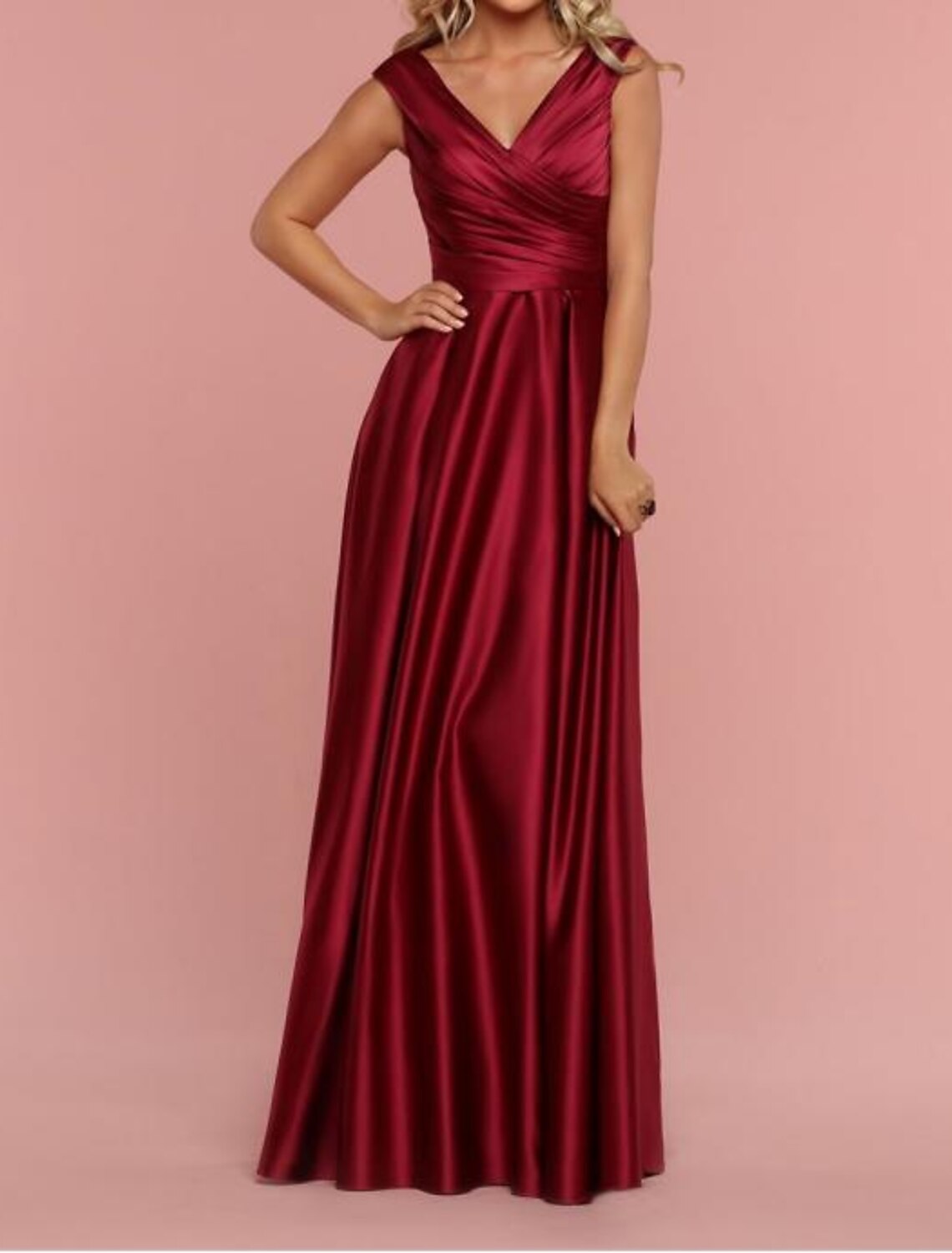 Plus Size A-Line Bridesmaid Dress With Plunging V-Neck Short Sleeves Floor Length Shantung Jersey Pleats Draping