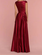 Plus Size A-Line Bridesmaid Dress With Plunging V-Neck Short Sleeves Floor Length Shantung Jersey Pleats Draping