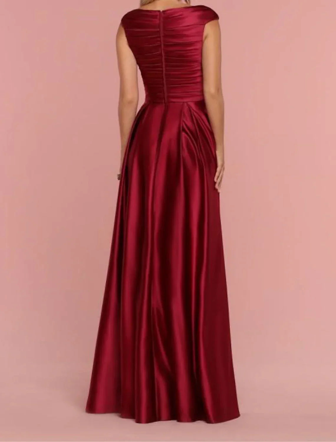 Plus Size A-Line Bridesmaid Dress With Plunging V-Neck Short Sleeves Floor Length Shantung Jersey Pleats Draping