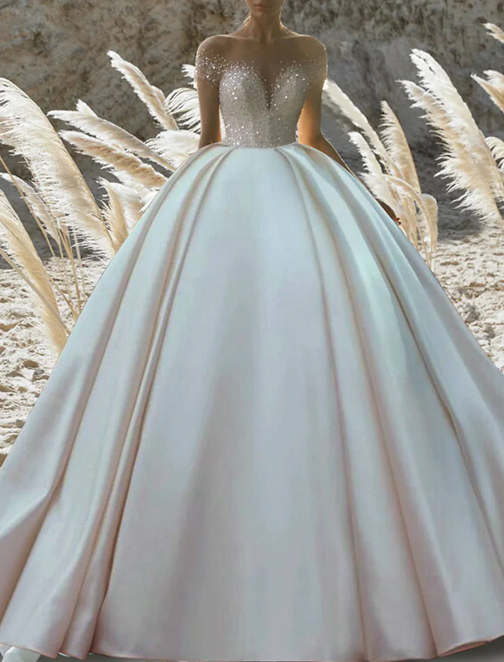 Engagement Satin Ball Gown Wedding Dress Off Shoulder Short Sleeve With Chapel Train For Brides