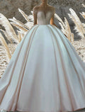 Engagement Satin Ball Gown Wedding Dress Off Shoulder Short Sleeve With Chapel Train For Brides