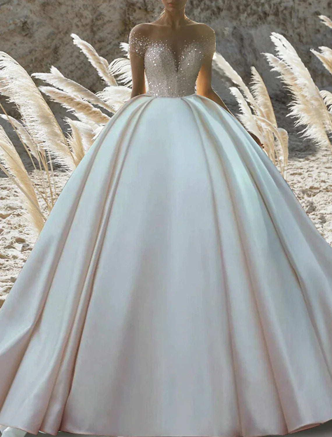 Engagement Satin Ball Gown Wedding Dress Off Shoulder Short Sleeve With Chapel Train For Brides