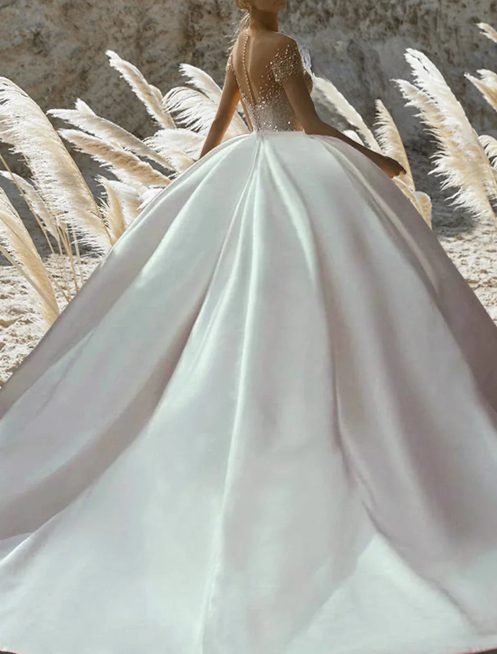 Engagement Satin Ball Gown Wedding Dress Off Shoulder Short Sleeve With Chapel Train For Brides