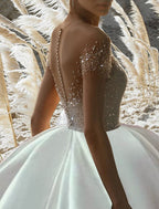 Engagement Satin Ball Gown Wedding Dress Off Shoulder Short Sleeve With Chapel Train For Brides