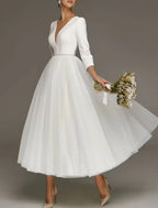 Vintage Wedding Dress 1940s 1950s Satin Tea Length A Line V Neck Three Quarter Sleeve For Modern Brides
