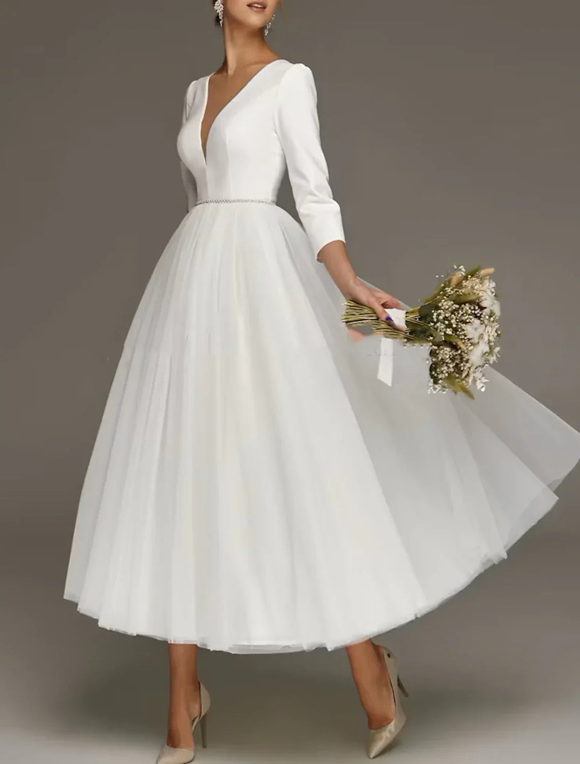 Vintage Wedding Dress 1940s 1950s Satin Tea Length A Line V Neck Three Quarter Sleeve For Modern Brides