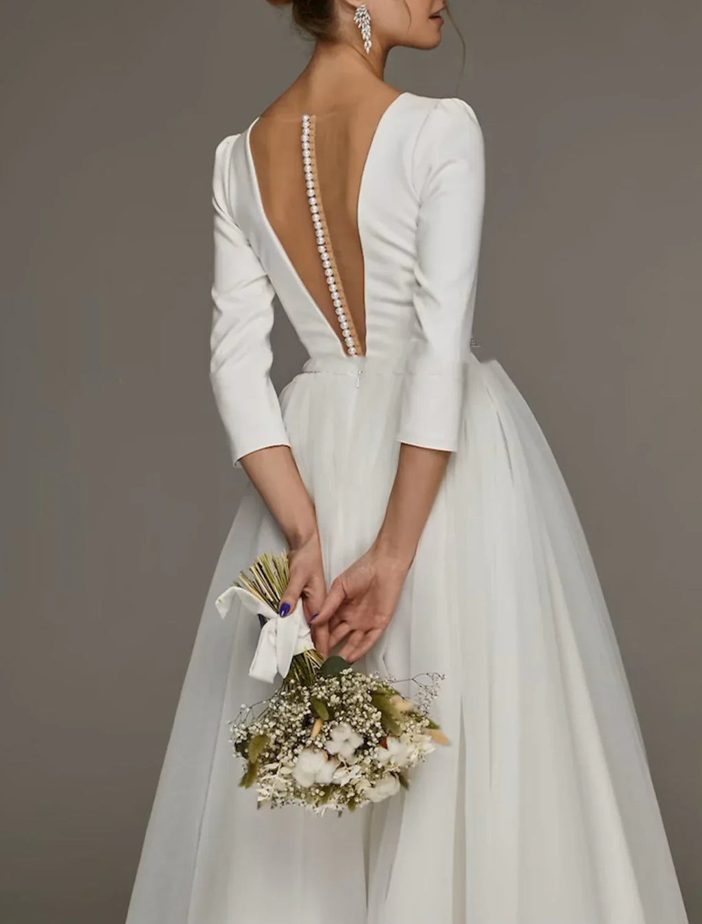 Vintage Wedding Dress 1940s 1950s Satin Tea Length A Line V Neck Three Quarter Sleeve For Modern Brides