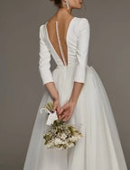 Vintage Wedding Dress 1940s 1950s Satin Tea Length A Line V Neck Three Quarter Sleeve For Modern Brides