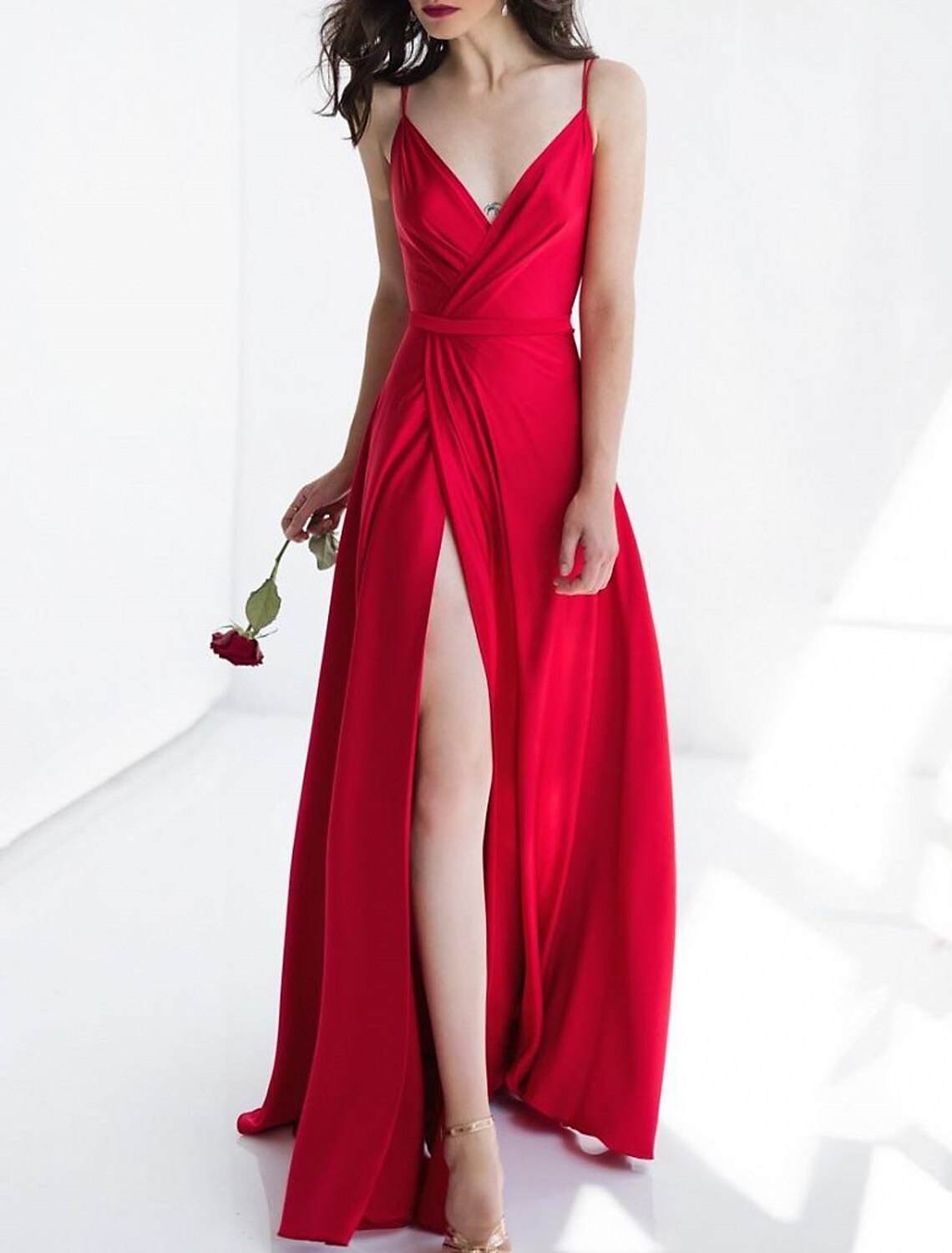 Elegant A Line Bridesmaid Dress Satin Floor Length Open Back Spaghetti Strap Sleeveless Split Front