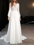 Beach Boho Wedding Dresses Stunning A Line V Neck Long Sleeve Court Train Chiffon With Appliques For Brides