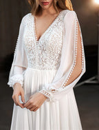 Beach Boho Wedding Dresses Stunning A Line V Neck Long Sleeve Court Train Chiffon With Appliques For Brides