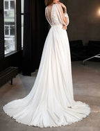 Beach Boho Wedding Dresses Stunning A Line V Neck Long Sleeve Court Train Chiffon With Appliques For Brides