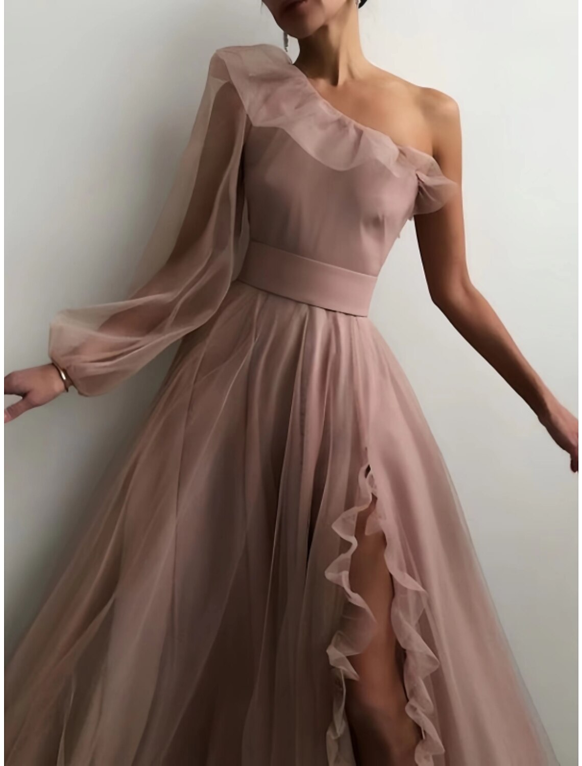 Sheath Prom Dress Elegant Black Dress Plus Size Evening Birthday Floor Length Long Sleeve One Shoulder Tulle with Pleats Ruffles