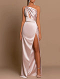 Mermaid / Trumpet Evening Gown Cut Out Dress Wedding Wedding Guest Sweep / Brush Train Sleeveless One Shoulder Bridesmaid Dress Satin with Ruched