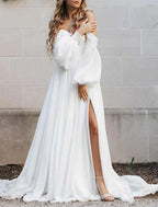 Beach Wedding Dress A Line Off Shoulder Long Sleeve Chiffon Gown With Chapel Train Front Split Romantic For Beach Brides